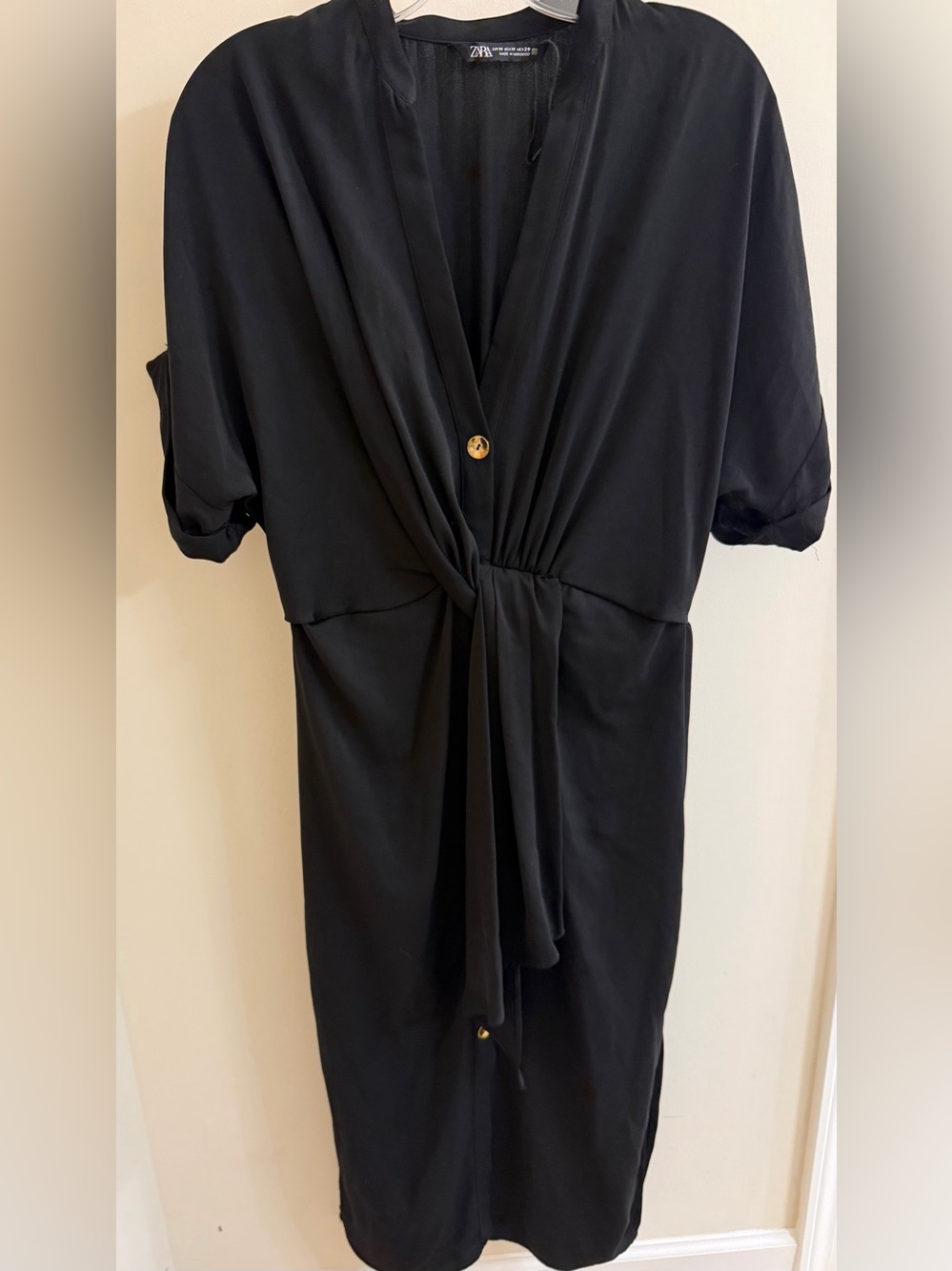Zara Black V-Neck Wrap Dress with Tie Detail, size M